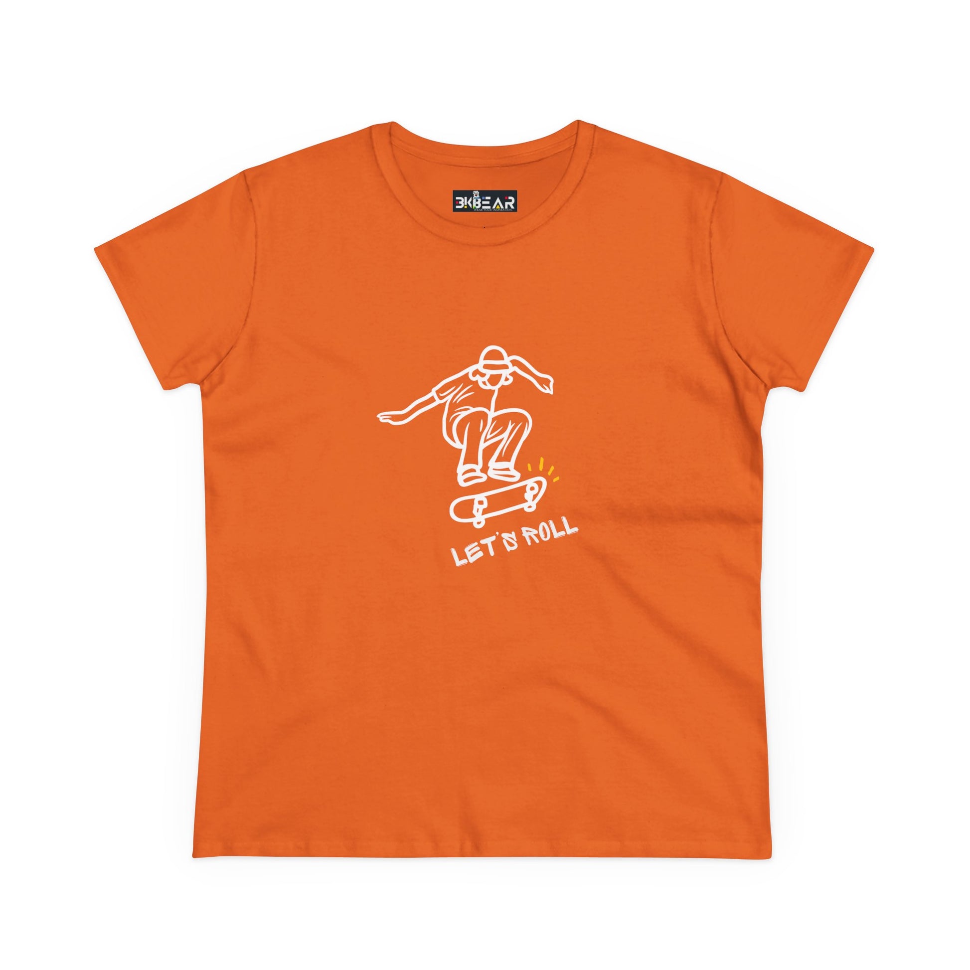 Orange Printify Let’s Roll shirt featuring a white line art skateboarder design in mid-air