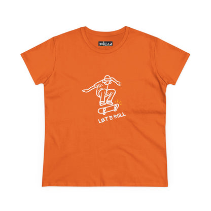Orange Printify Let’s Roll shirt featuring a white line art skateboarder design in mid-air
