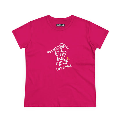 Pink Printify Let’s Roll shirt with white skateboarder graphic and text design