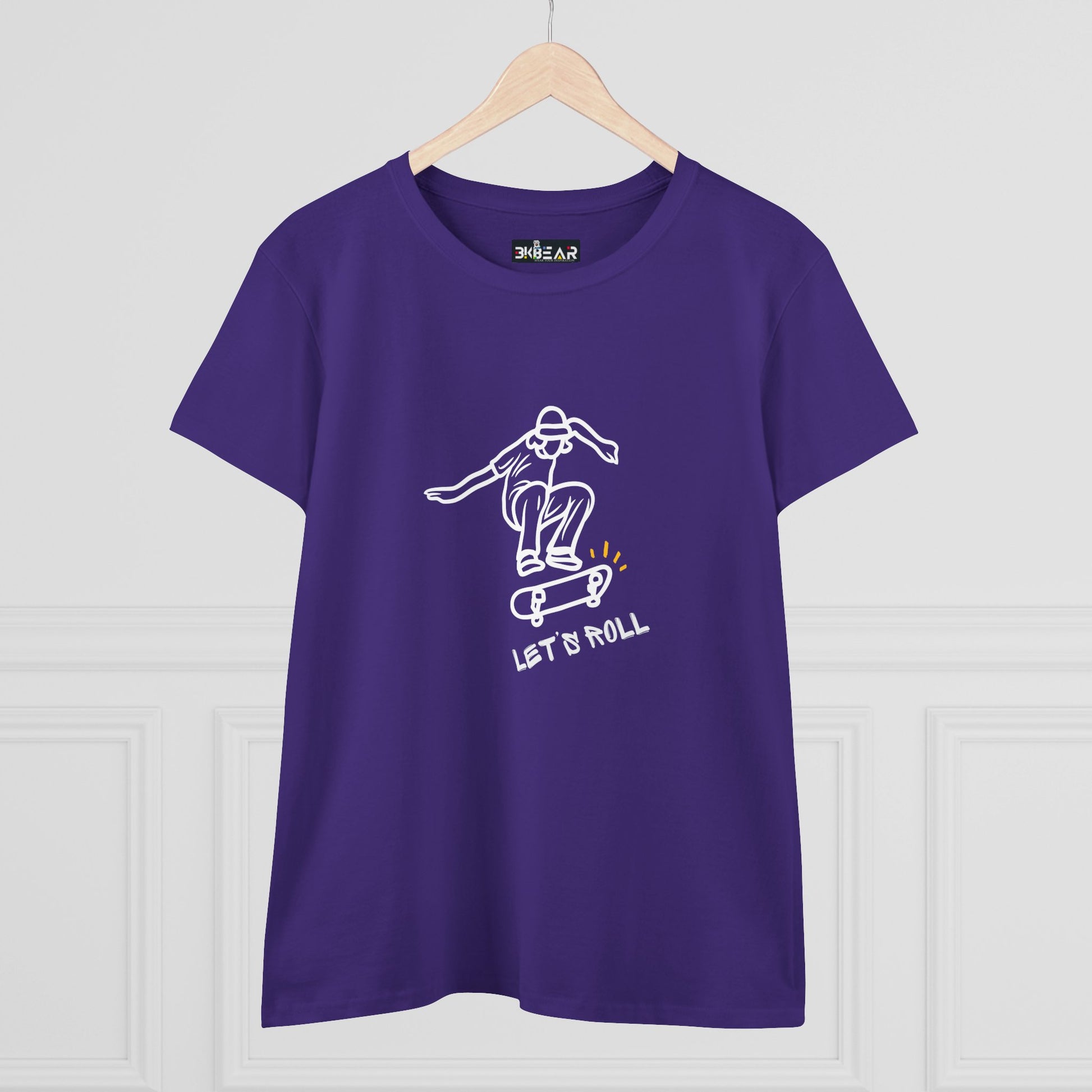 Purple Printify Let’s Roll shirt featuring a white line art skateboarder design on front