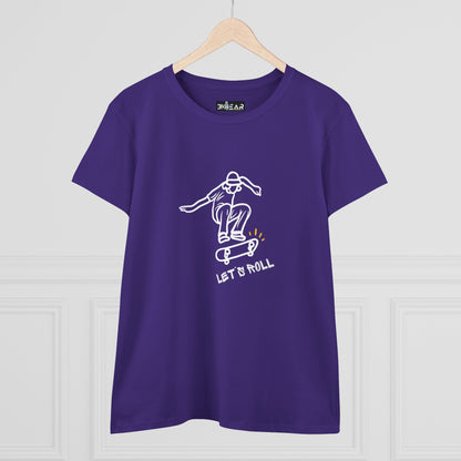 Purple Printify Let’s Roll shirt featuring a white line art skateboarder design on front