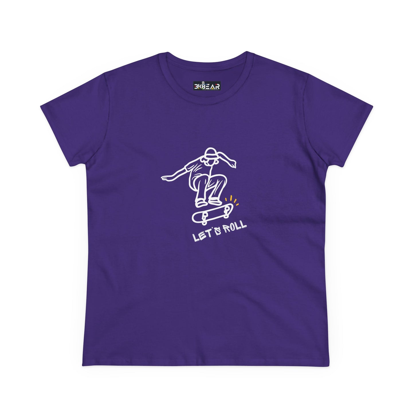 Purple Let’s Roll shirt featuring a white skateboarder graphic printed by Printify