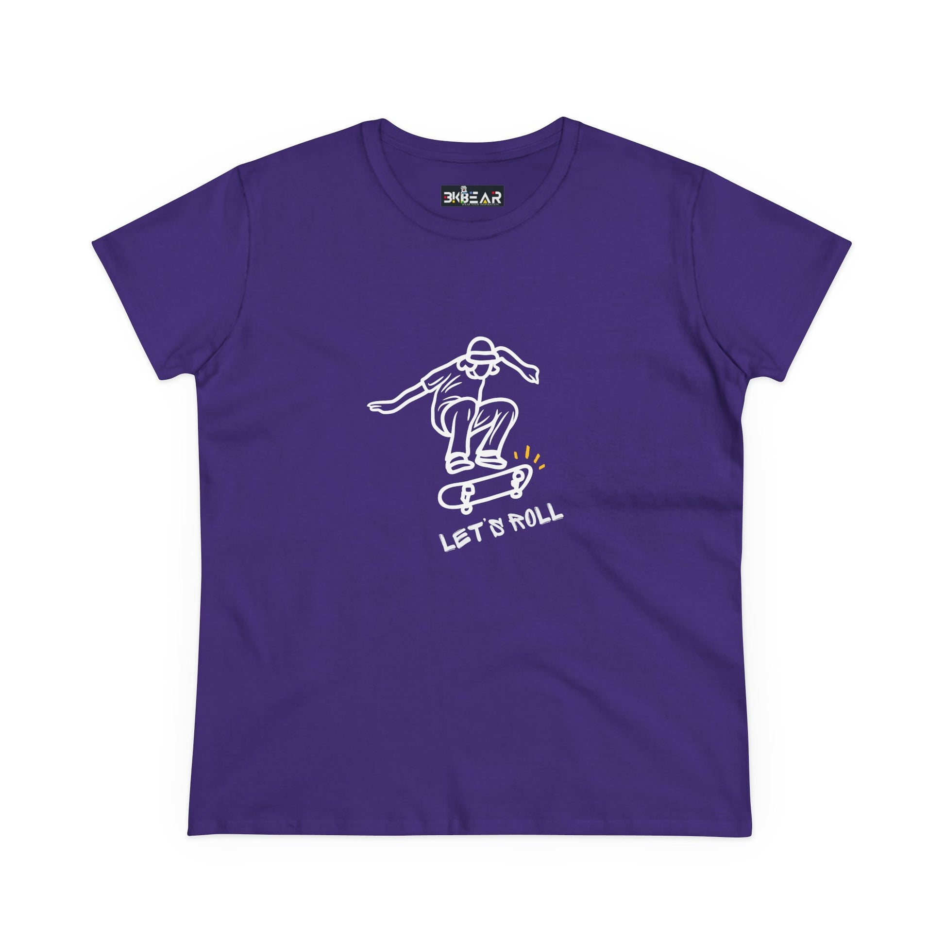Purple Let’s Roll shirt featuring a white skateboarder graphic printed by Printify