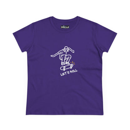 Purple Let’s Roll shirt featuring a white skateboarder graphic printed by Printify