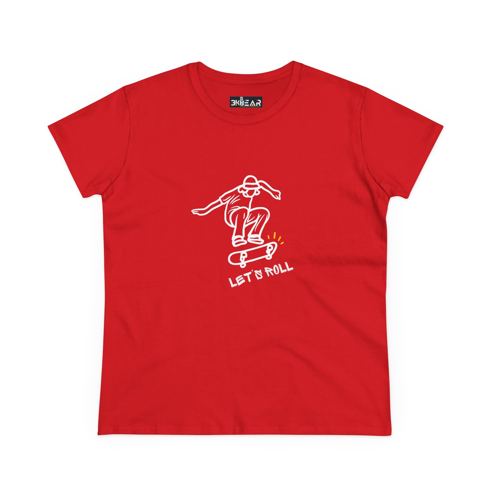 Red Printify Let’s Roll shirt with white skateboarder graphic and text design