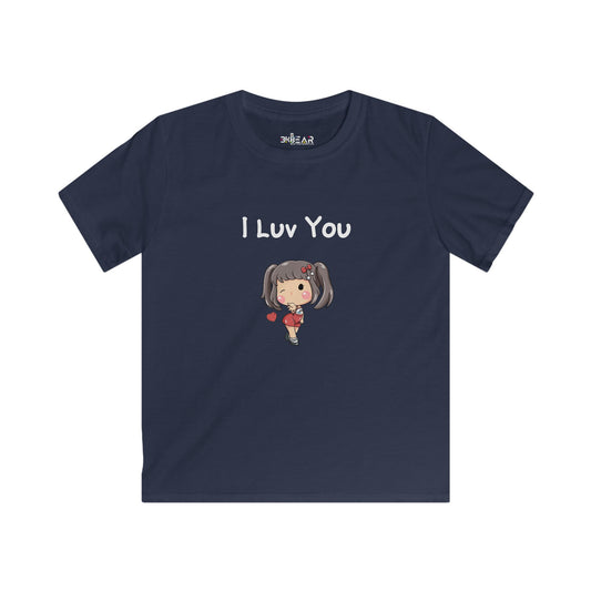 Navy kids shirt from Printify with cute girl graphic and I luv you kids shirt text