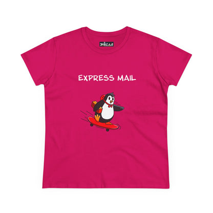 Printify pink penguin graphic tee with express mail design and penguin on skateboard