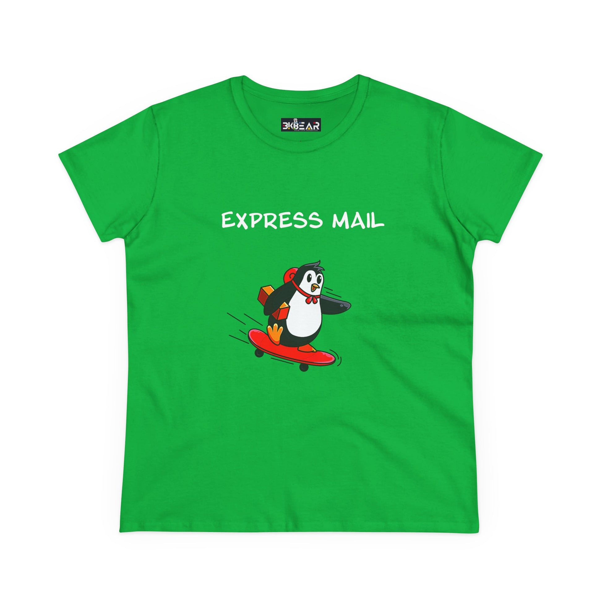 Green Printify T-Shirt with penguin graphic tee featuring a penguin on a skateboard and Express Mail text