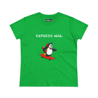 Green Printify T-Shirt with penguin graphic tee featuring a penguin on a skateboard and Express Mail text