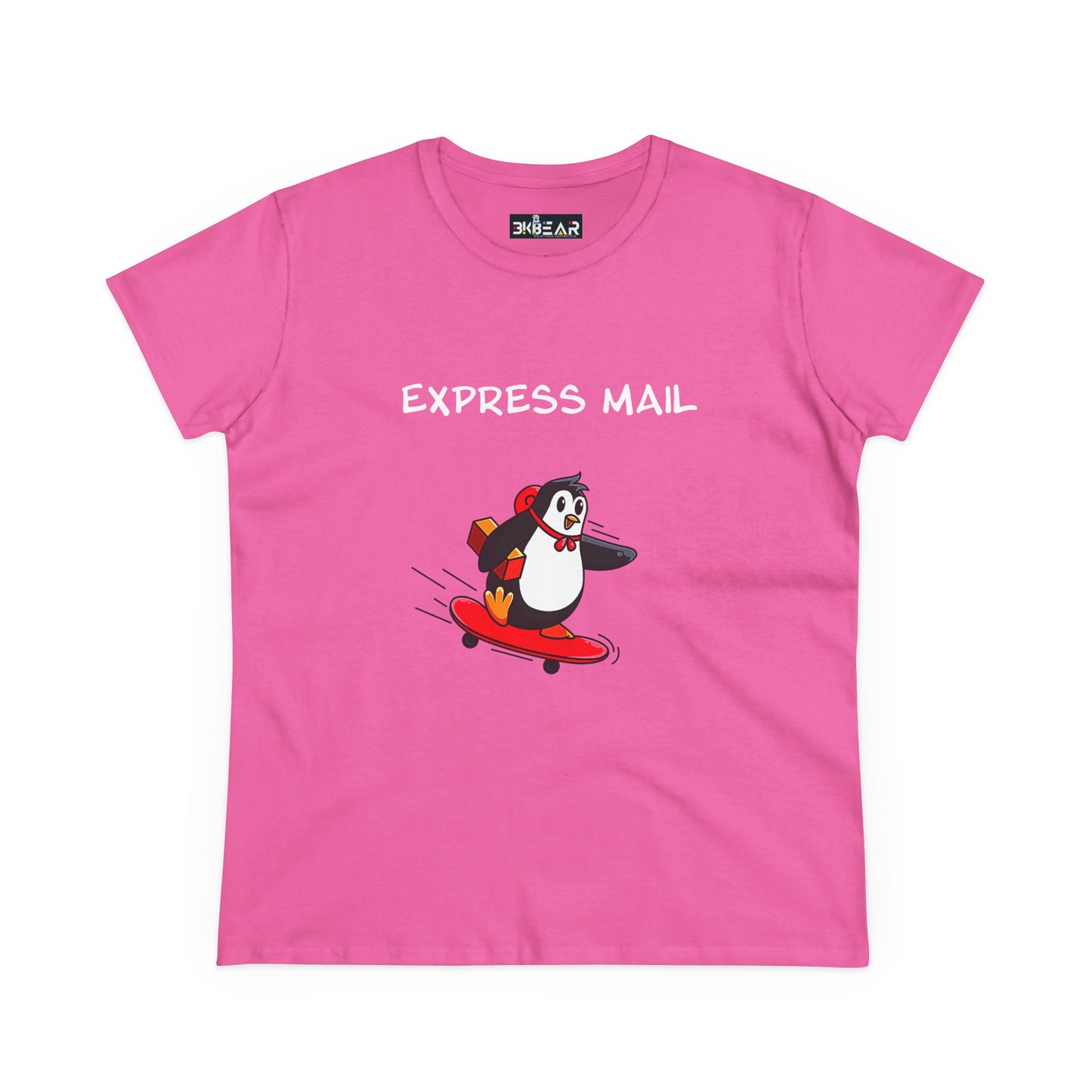 Pink Printify penguin graphic tee with cartoon penguin on skateboard and express mail text