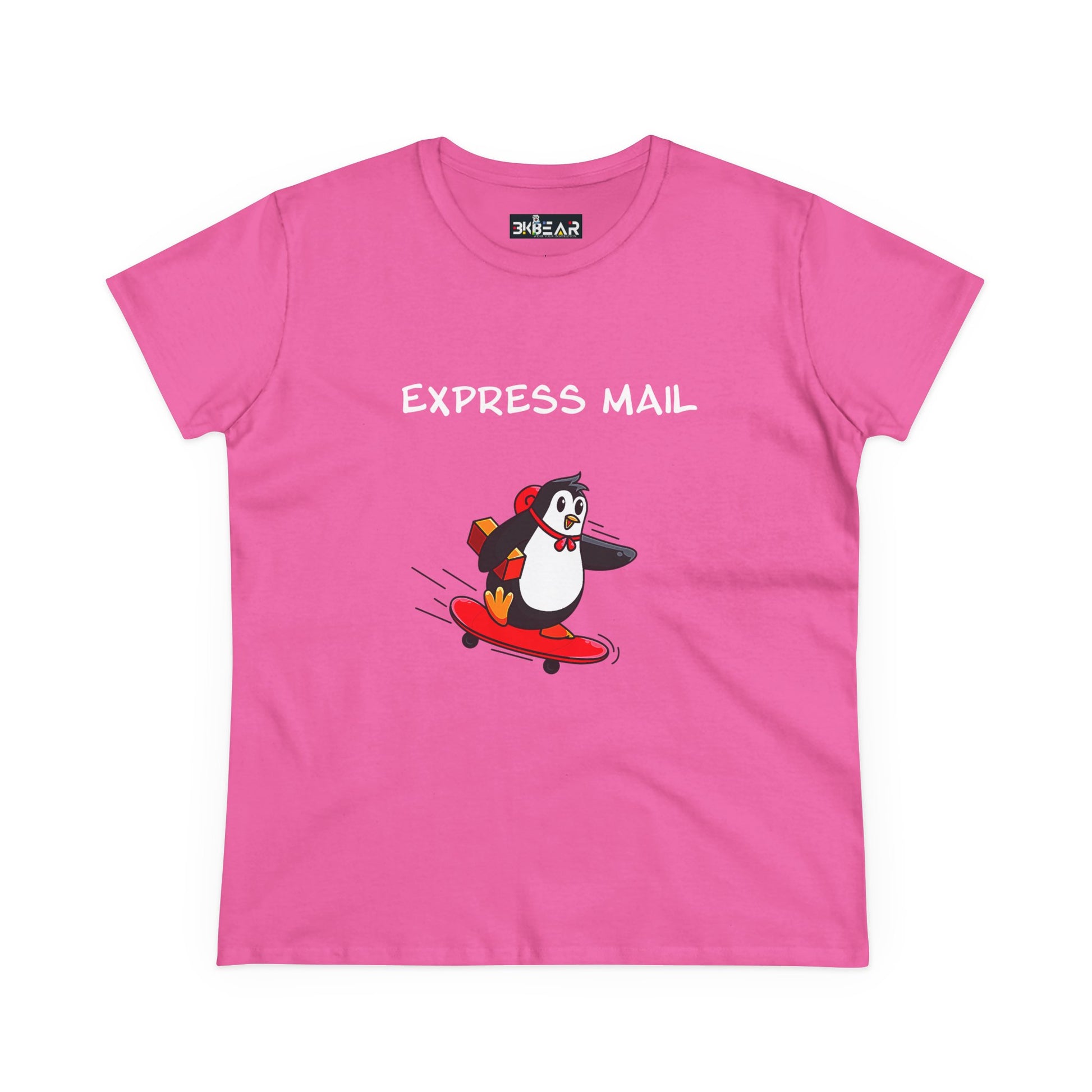 Pink Printify penguin graphic tee with cartoon penguin on skateboard and express mail text