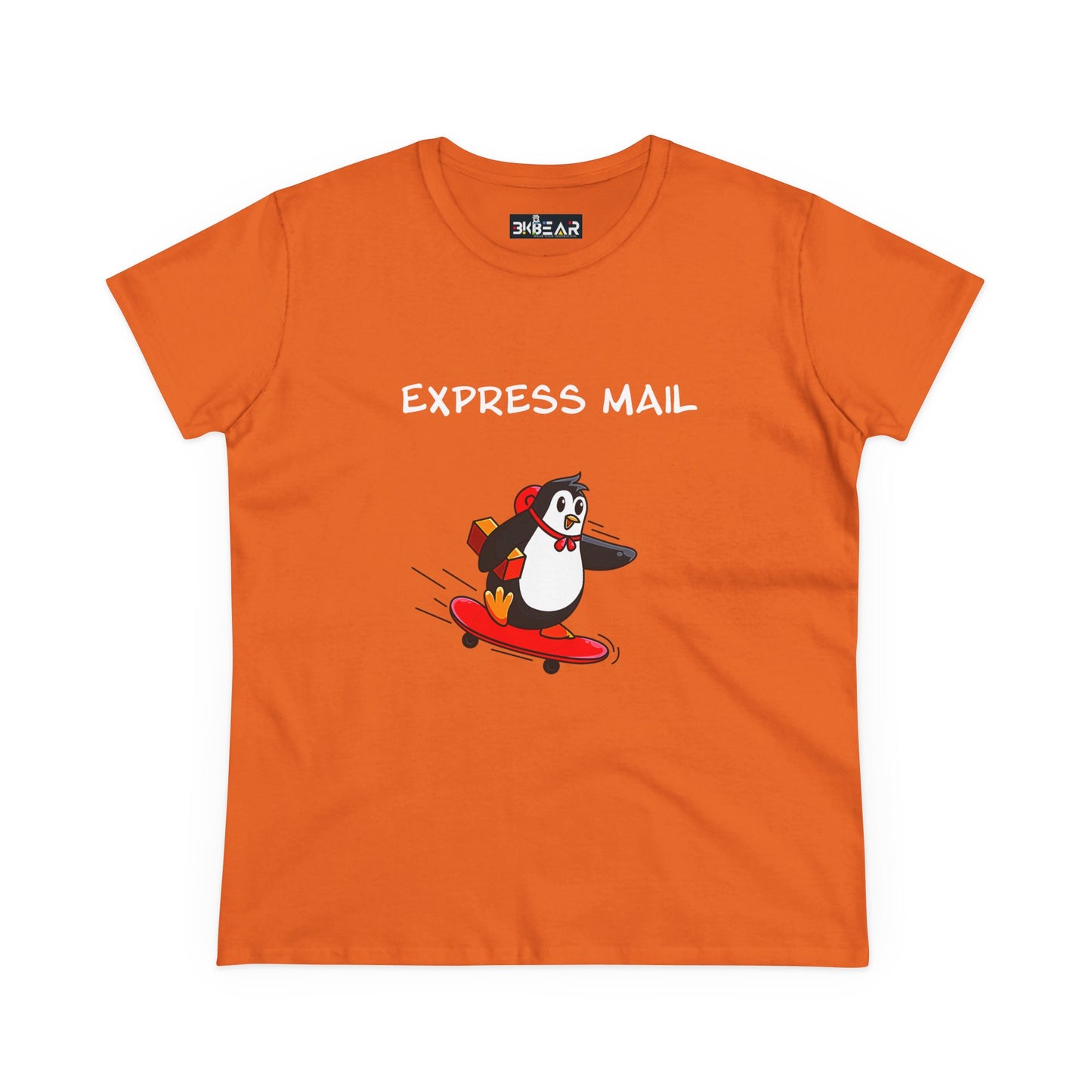 Orange penguin graphic tee from Printify featuring a skateboarding penguin with express mail text