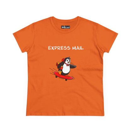 Orange penguin graphic tee from Printify featuring a skateboarding penguin with express mail text