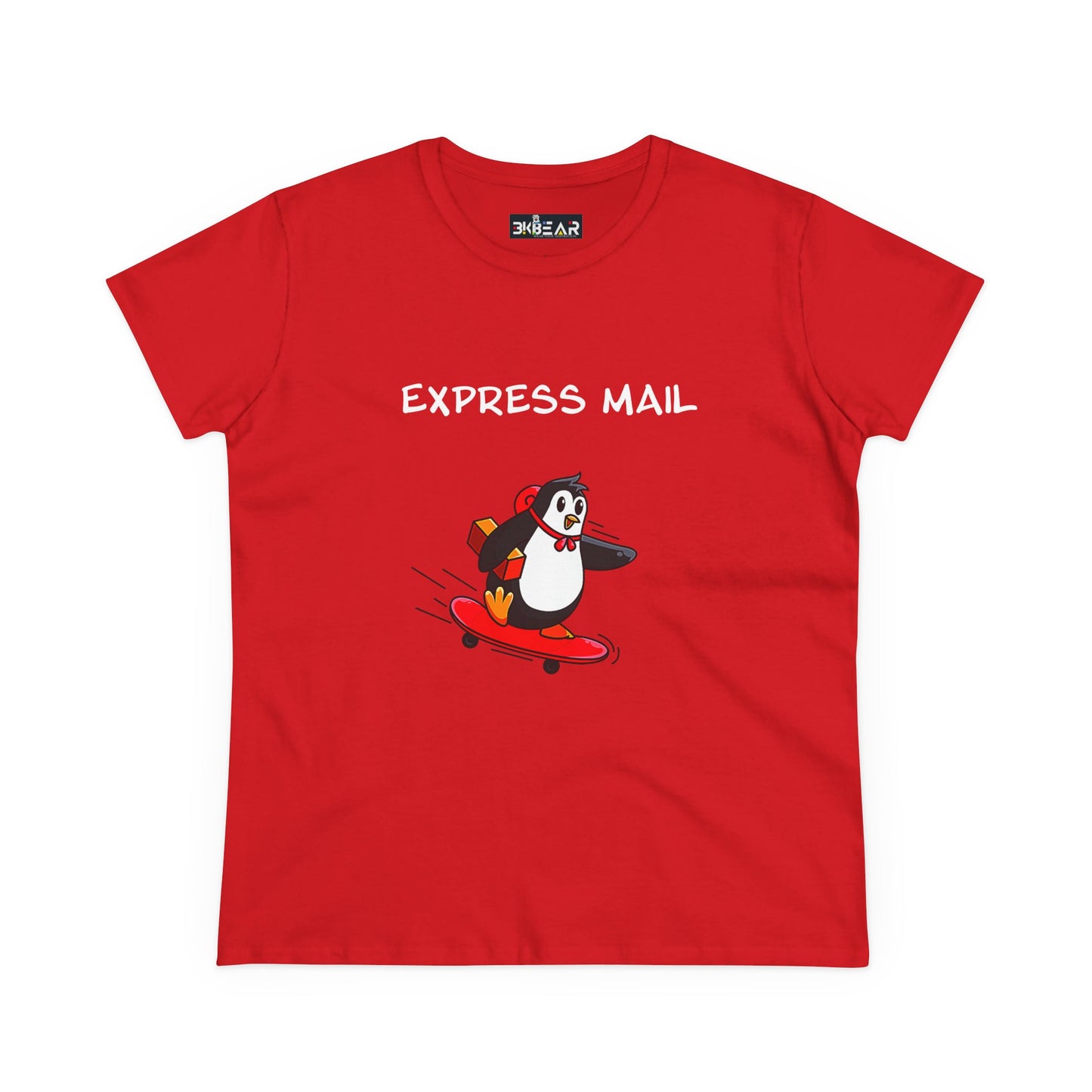 Red penguin graphic tee from Printify with express mail design and skateboarding penguin illustration