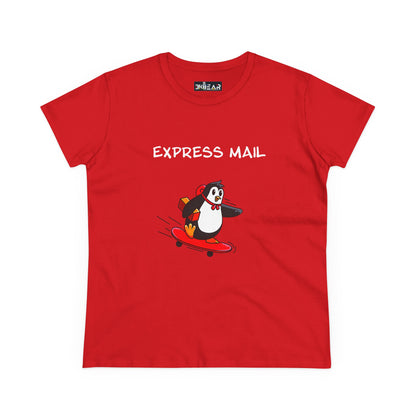 Red penguin graphic tee from Printify with express mail design and skateboarding penguin illustration