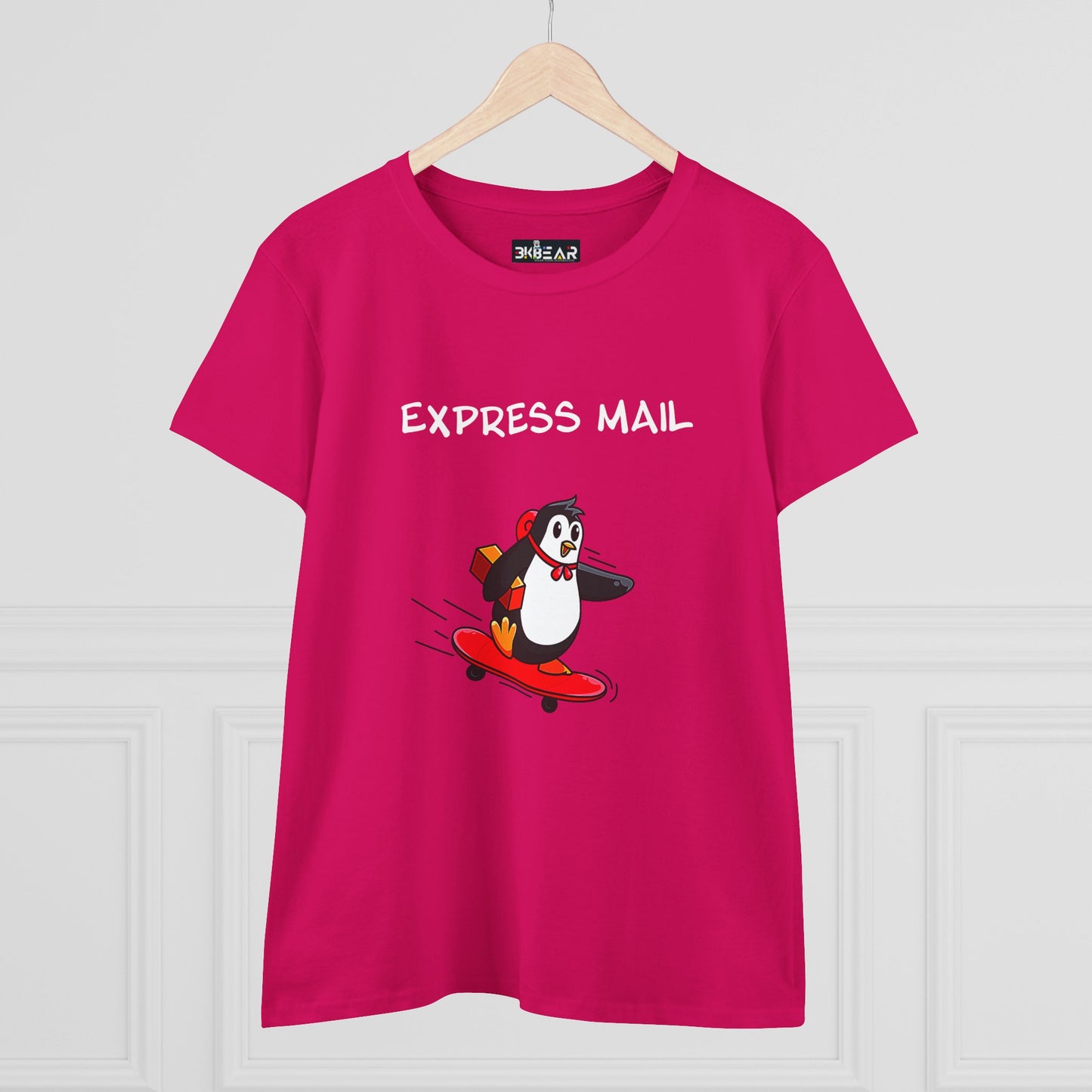 Bright pink penguin graphic tee with express mail cartoon on skateboard printed by Printify