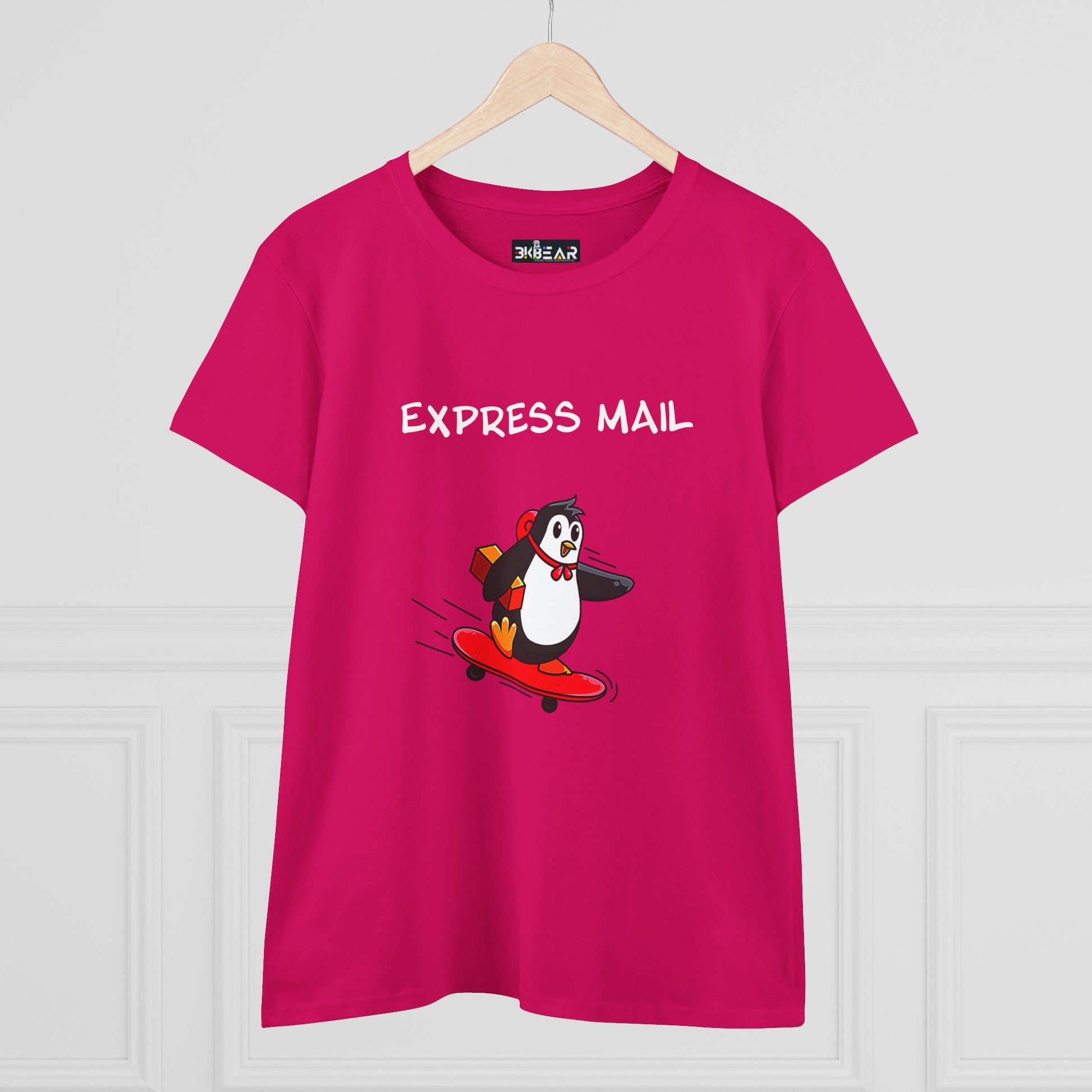 Bright pink penguin graphic tee with express mail cartoon on skateboard printed by Printify