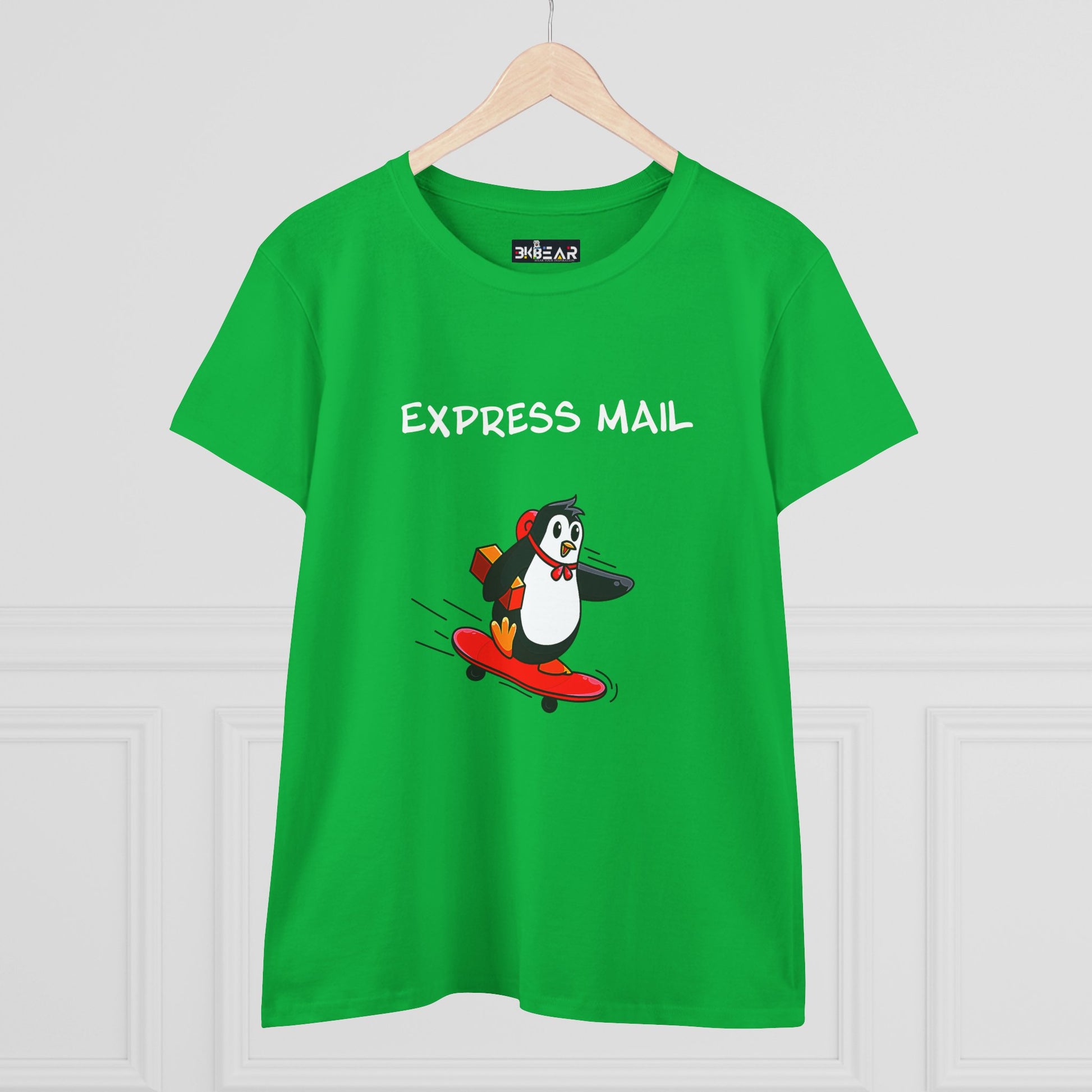 Green penguin graphic tee with Express Mail text and cartoon penguin on skateboard design