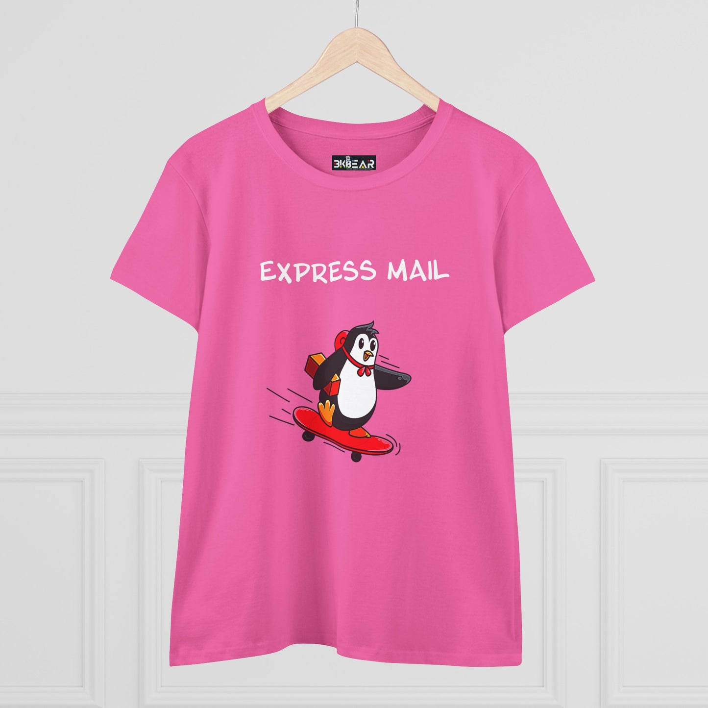 Pink Printify T-shirt with express mail penguin graphic tee design on skateboard