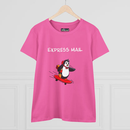 Pink Printify T-shirt with express mail penguin graphic tee design on skateboard