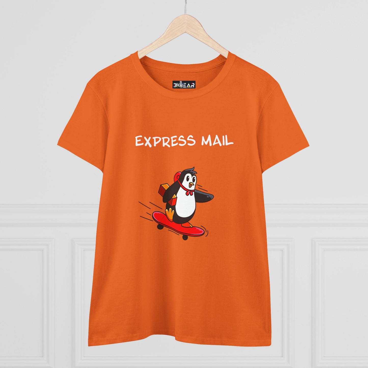 Orange penguin graphic tee with Express Mail text and cartoon penguin on skateboard design