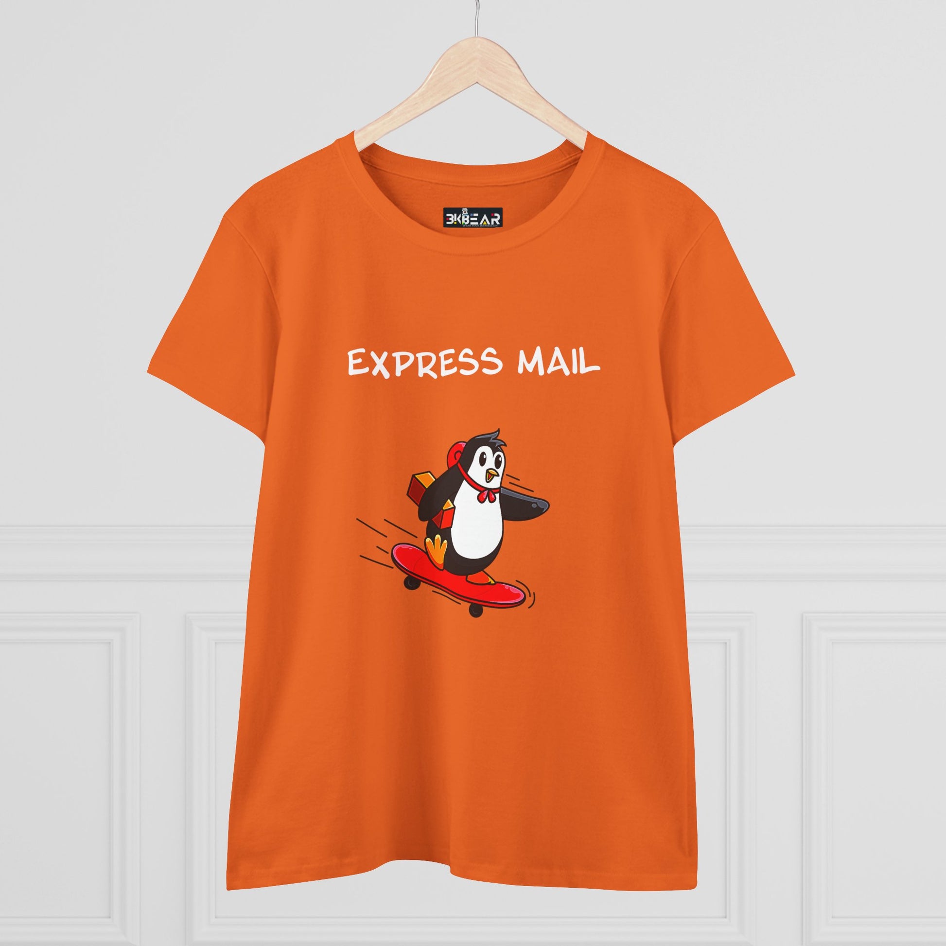 Orange penguin graphic tee with Express Mail text and cartoon penguin on skateboard design
