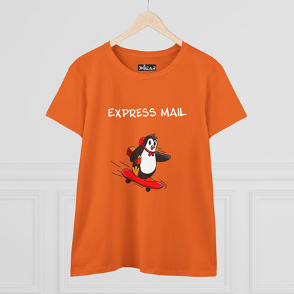 Orange penguin graphic tee with Express Mail text and cartoon penguin on skateboard design