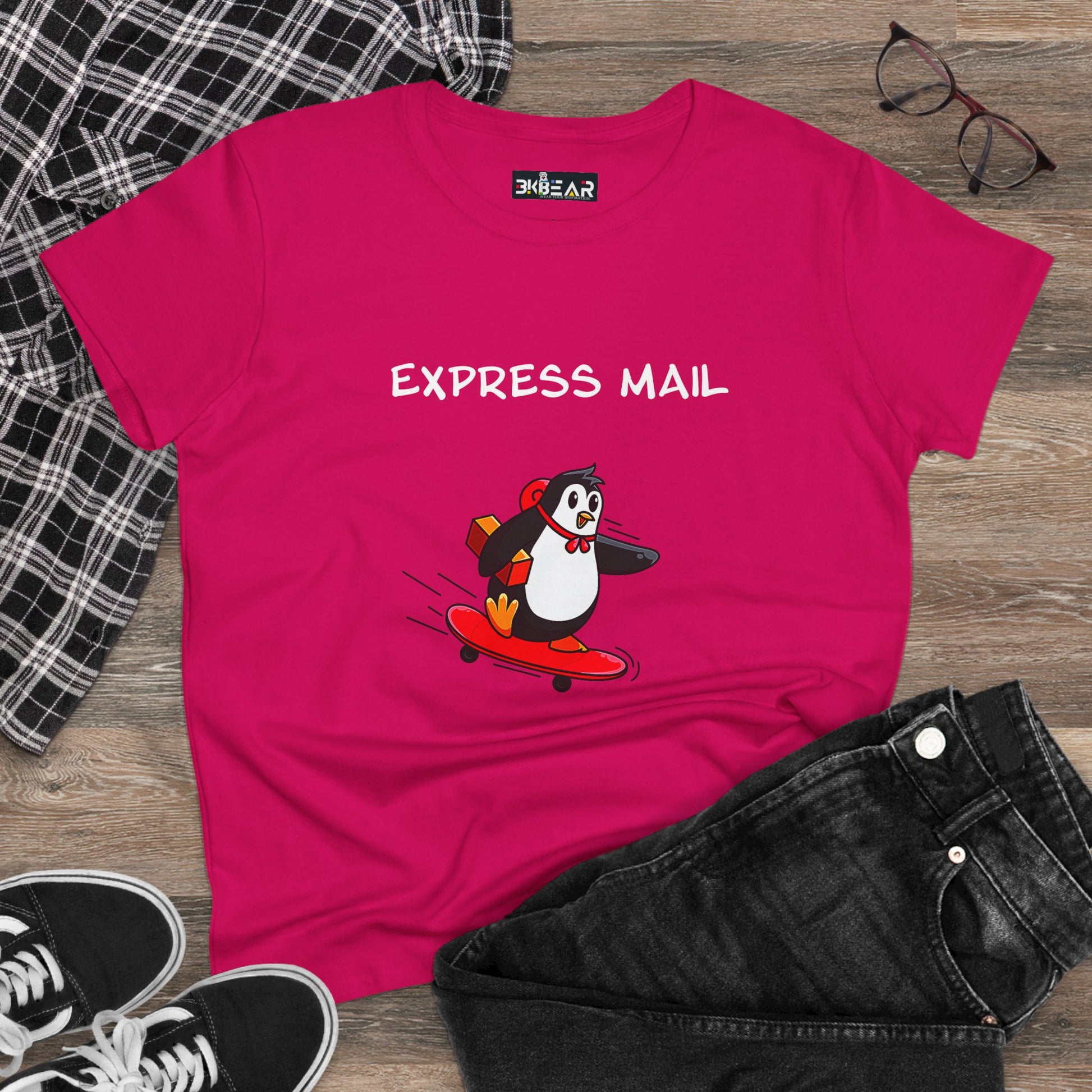 Printify pink t-shirt with express mail penguin graphic tee design and skateboard illustration