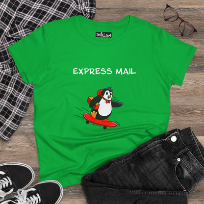 Green penguin graphic tee with Express Mail design showing a penguin on a skateboard