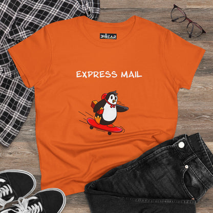 Orange penguin graphic tee with express mail design showing a penguin on a skateboard