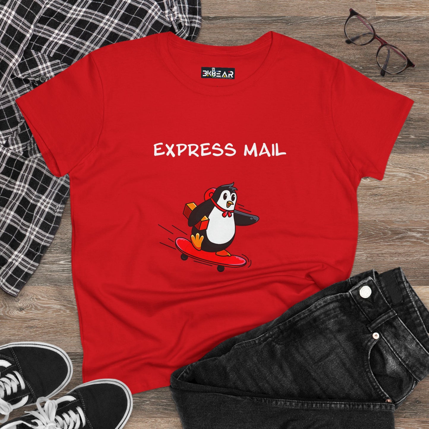 Red Printify t-shirt featuring a penguin graphic tee with skateboard and express mail design