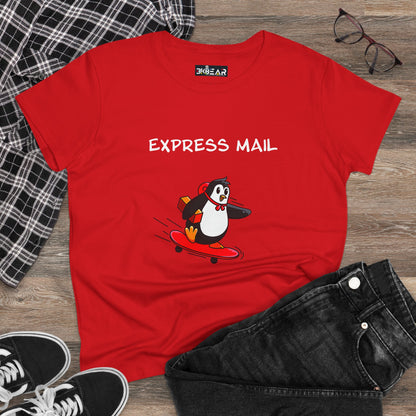 Red Printify t-shirt featuring a penguin graphic tee with skateboard and express mail design