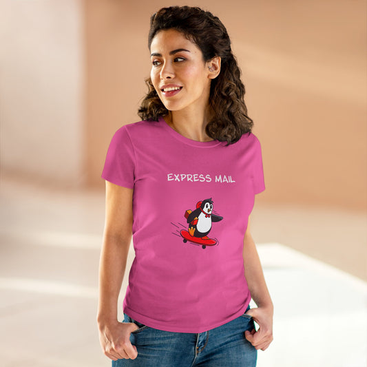 Printify pink penguin graphic tee with Express Mail design worn by woman in casual setting