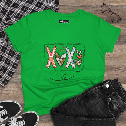 Green sign of love shirt with colorful XOX heart design laid flat with black jeans and accessories