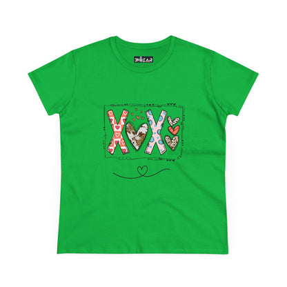 Green Printify T-Shirt with colorful sign of love shirt design featuring hearts and XO pattern