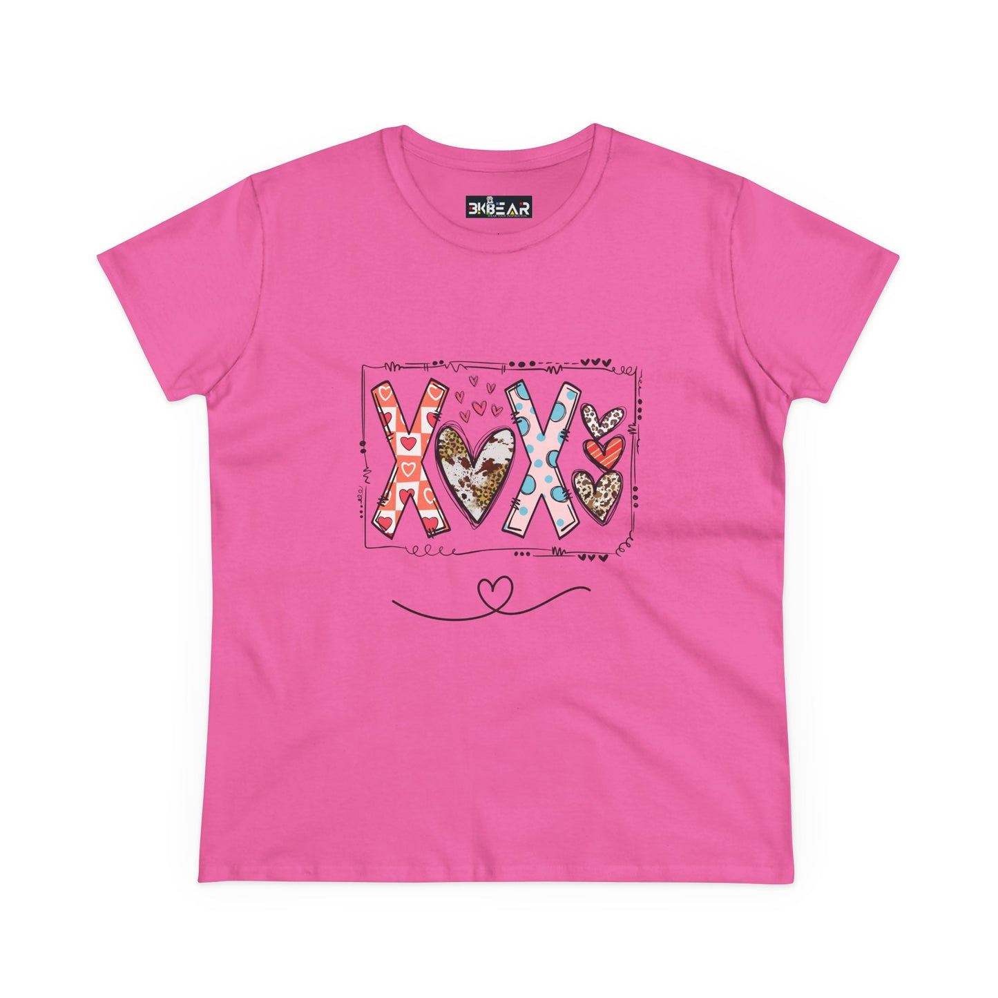 Pink Printify t-shirt with colorful XOXO and hearts design sign of love shirt