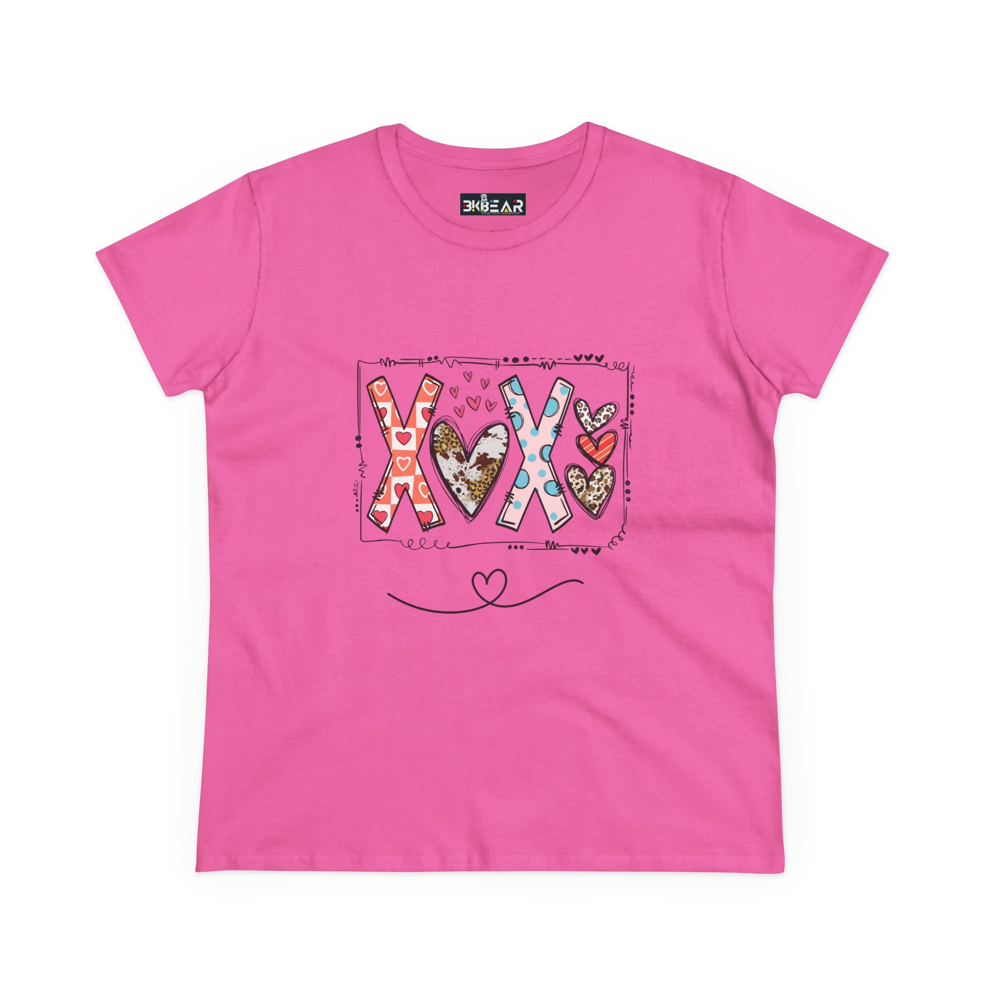 Pink Printify t-shirt with colorful XOXO and hearts design sign of love shirt