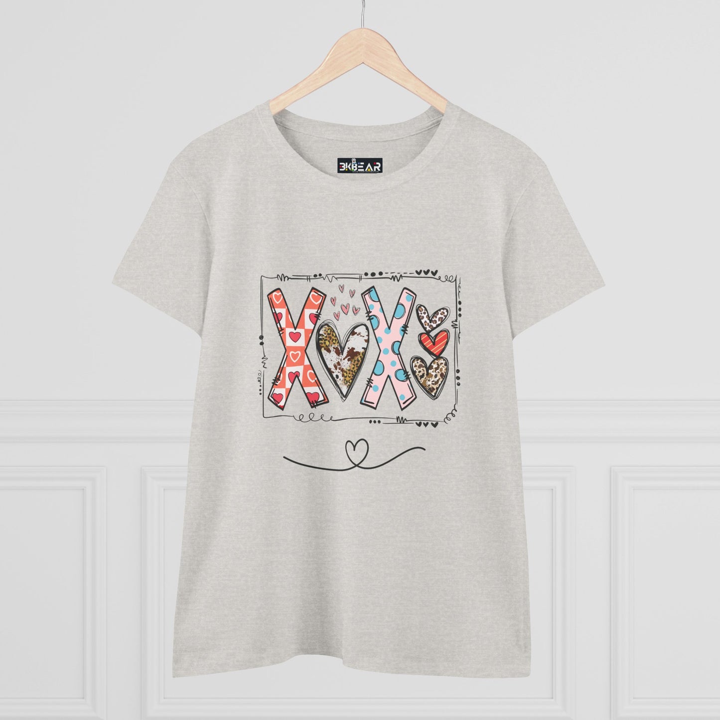 Printify sign of love shirt with colorful heart and pattern design on a light gray T-shirt