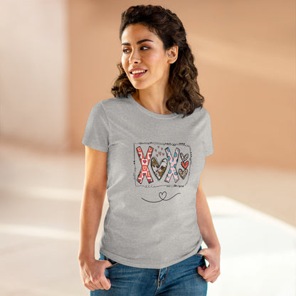 Woman wearing gray sign of love shirt with colorful heart and XOX design from Printify