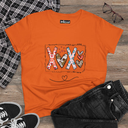 Orange Printify sign of love shirt with colorful XOX heart design, styled with black jeans and sneakers
