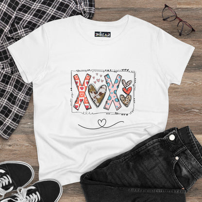 White Printify sign of love shirt with colorful heart and XOX design laid flat with black jeans and shoes