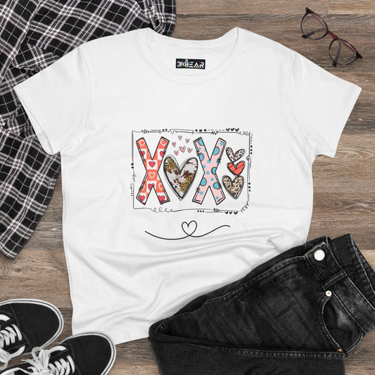 White Printify sign of love shirt with colorful heart and XOX design laid flat with black jeans and shoes