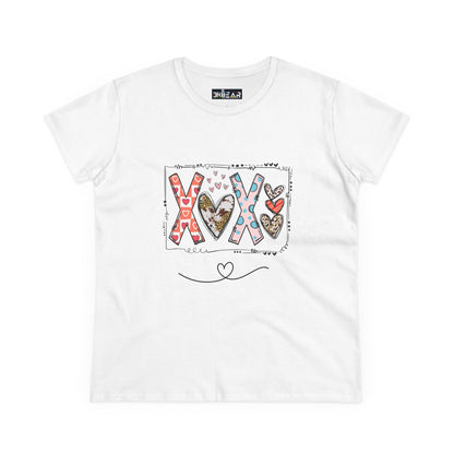 White Printify t-shirt featuring colorful heart and XOXO design, sign of love shirt