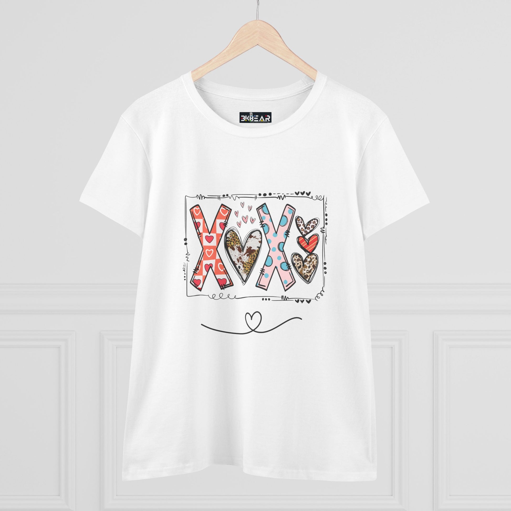 White Printify T-Shirt featuring colorful XOXO design with hearts and artistic patterns sign of love shirt