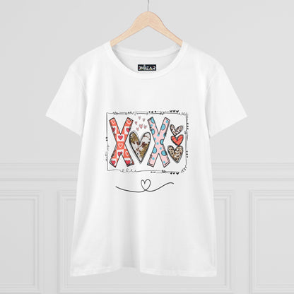 White Printify T-Shirt featuring colorful XOXO design with hearts and artistic patterns sign of love shirt