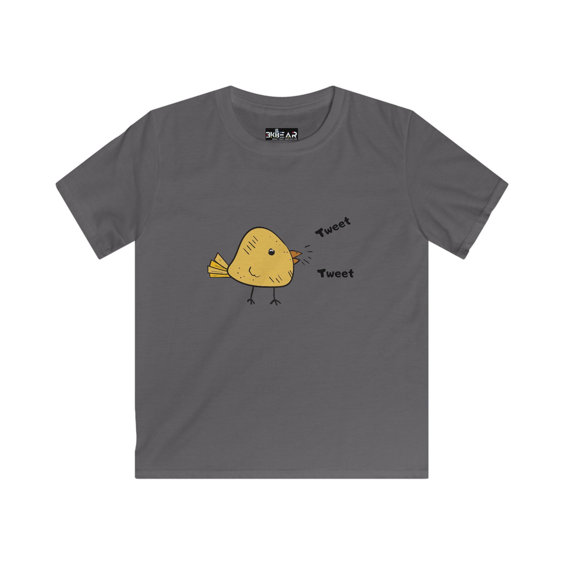 Printify softstyle inspirational toddler tee with yellow bird and tweet text on gray kids shirt