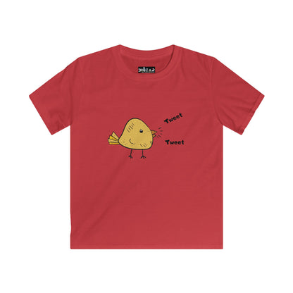 Red kids softstyle inspirational toddler tee with cute yellow bird and tweet text graphic
