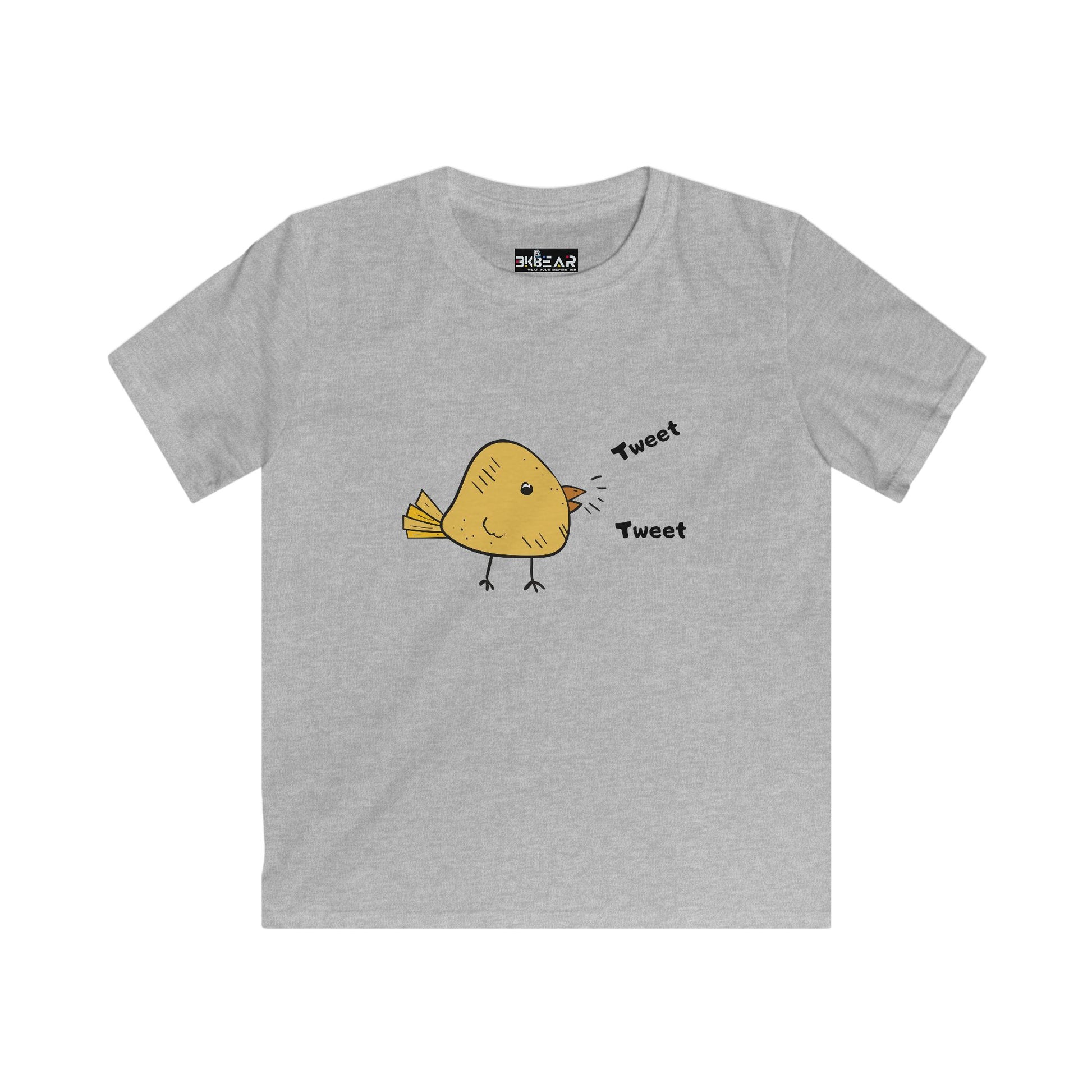 Printify softstyle inspirational toddler tee with yellow bird and tweet design on gray kids shirt