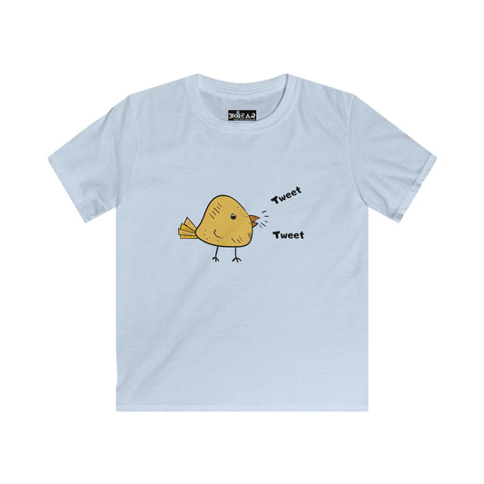 Light blue softstyle inspirational toddler tee with cute yellow bird and tweet text