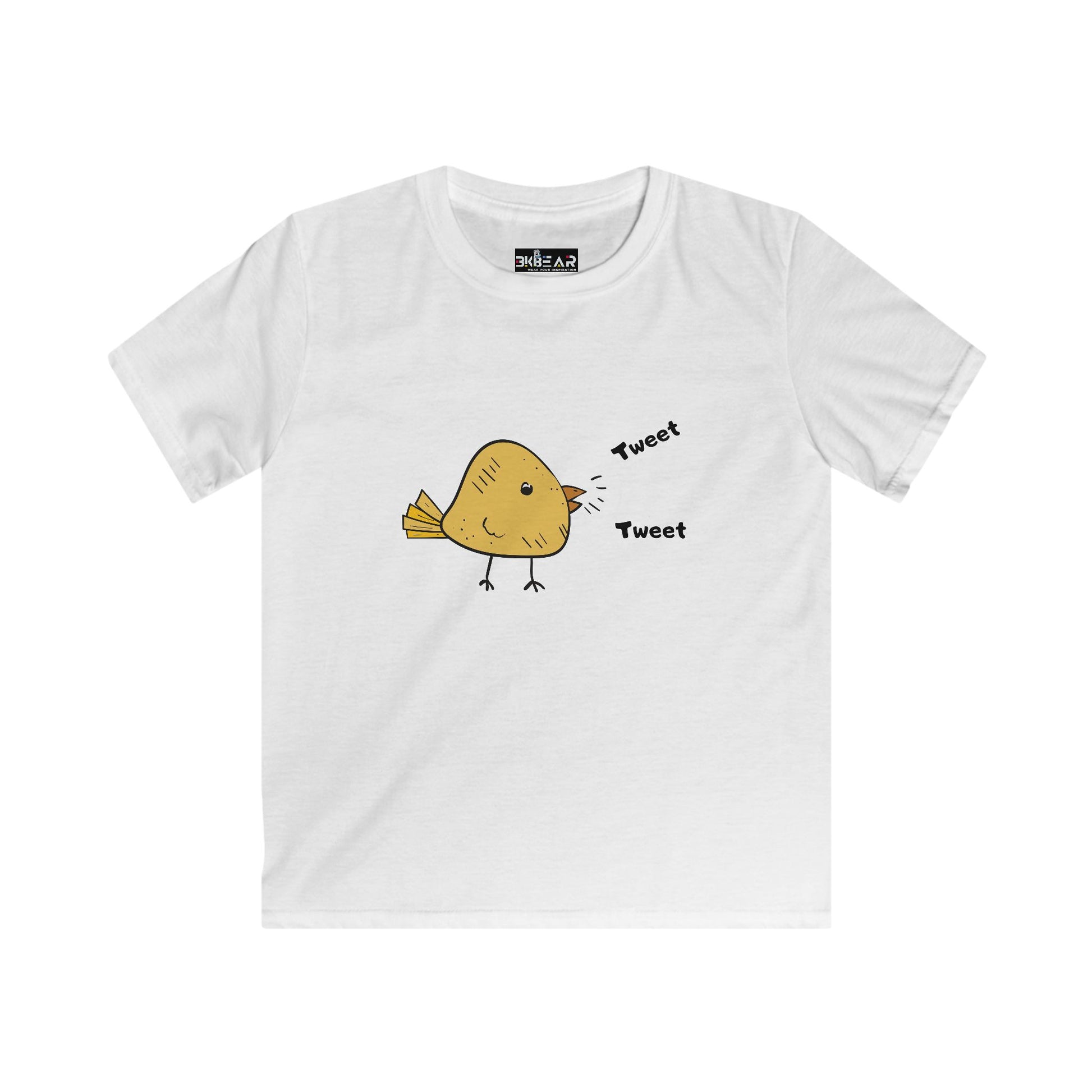 White softstyle inspirational toddler tee with cute yellow bird and tweet graphic for kids